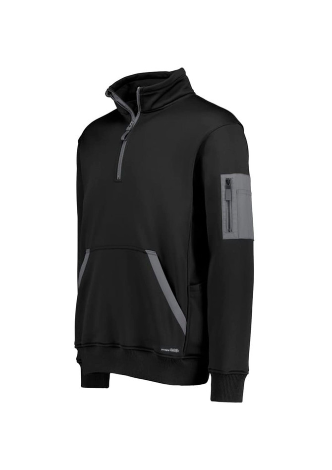 A black unisex pullover with a quarter zip, featuring front pockets and a sleeve pocket, and a logo.