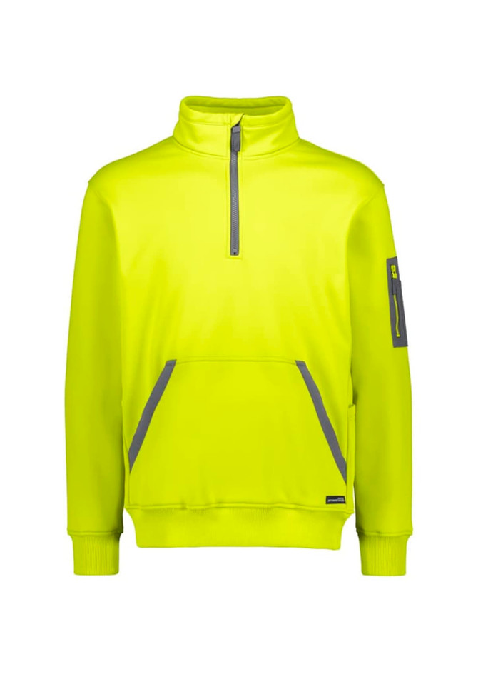 A bright yellow unisex pullover featuring a 1/4 zip and front pockets, with a small logo on the sleeve.