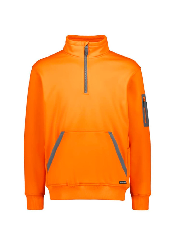 An orange unisex water-resistant pullover with a 1/4 zip and a front pocket, featuring a logo on the sleeve.