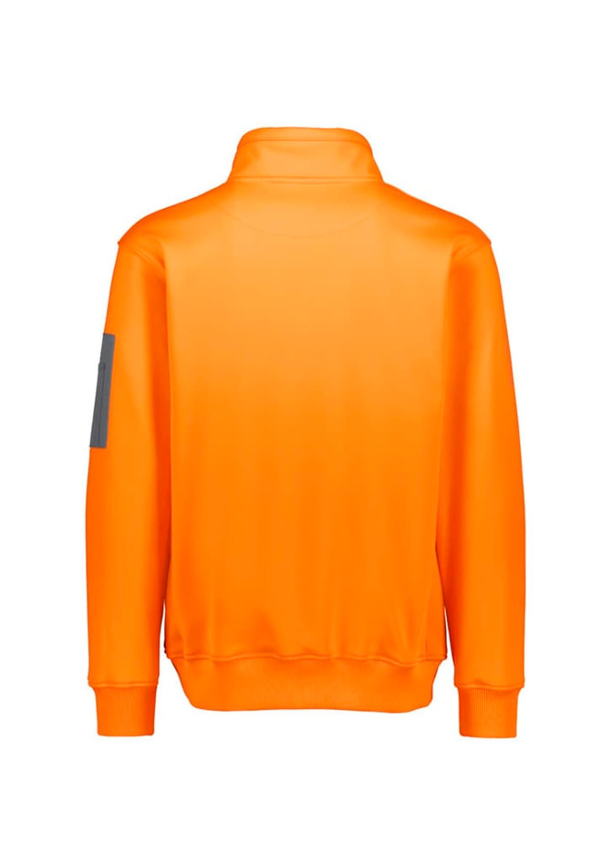 Unisex water-resistant 1/4 zip pullover in bright orange, featuring a grey logo on the sleeve.