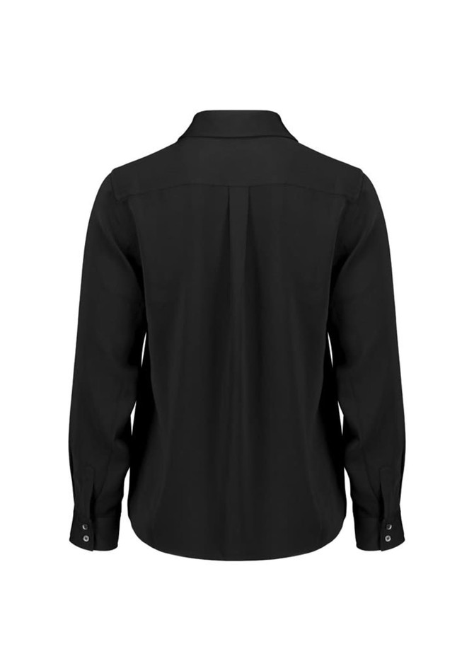 A black long sleeve shirt with a collar and buttoned cuffs, featuring a pleated back design.
