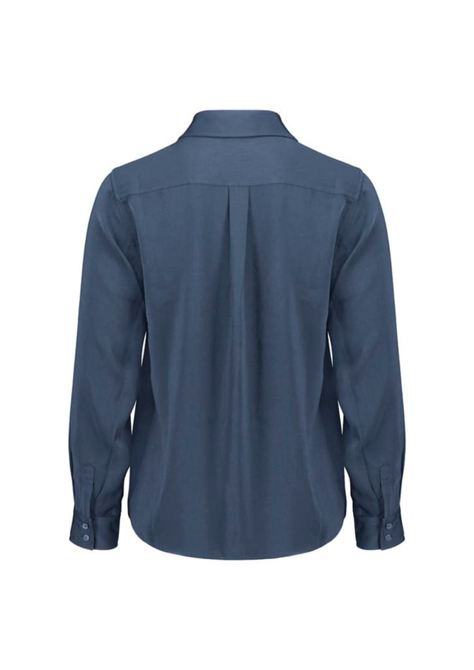 A women's long sleeve shirt in a navy blue colour, featuring a back pleat and buttoned cuffs. It has a logo present.