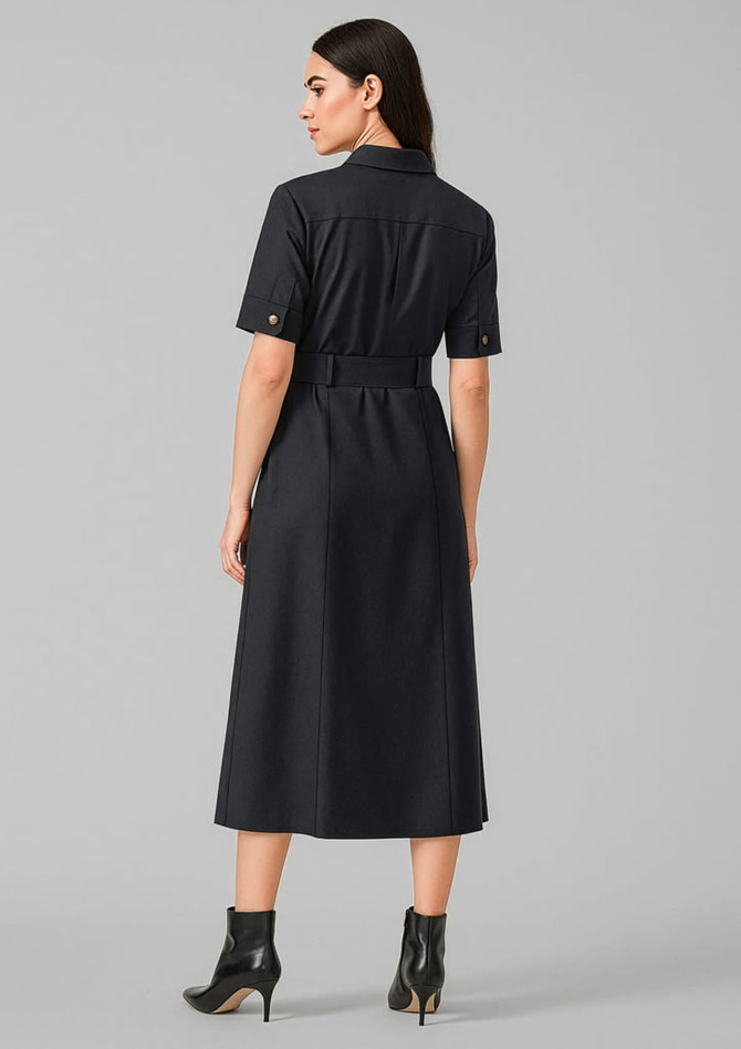 A black midi dress with short sleeves and a belted waist, featuring a simple design and minimal branding.