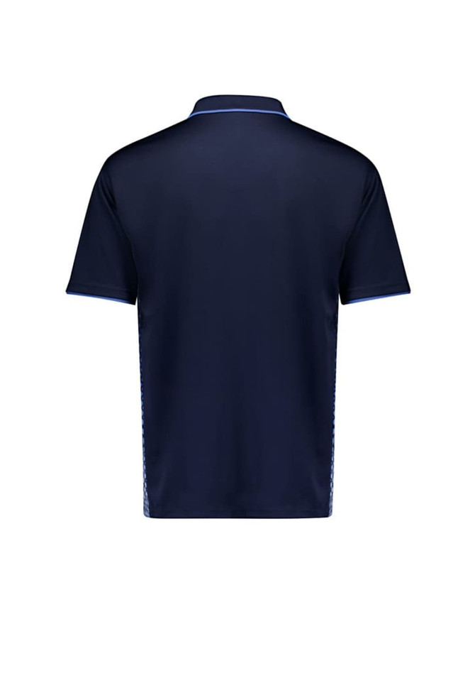 A navy short sleeve polo shirt featuring a subtle logo on the back and contrasting details.