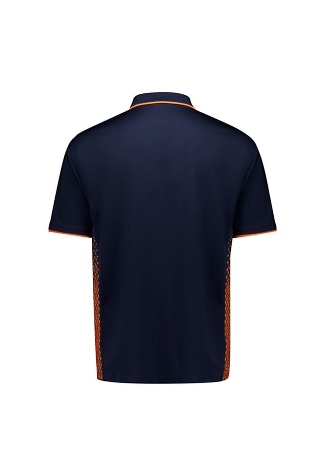 A navy blue polo shirt with short sleeves and patterned side panels, featuring a logo.