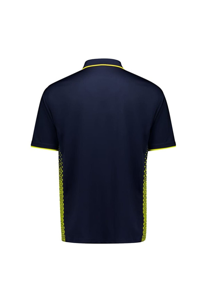A men's short sleeve polo in navy with bright yellow accents and a branded logo on the back.