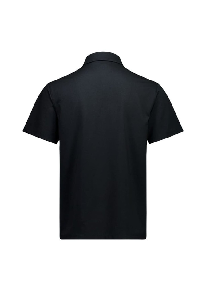 A black short sleeve polo shirt featuring a collar and a plain design. It includes a logo on the front.