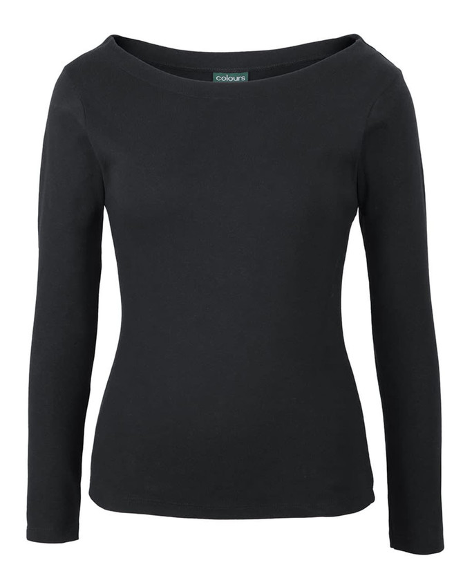 A black long-sleeve boat neck tee with a slight stretch and a logo at the neckline.