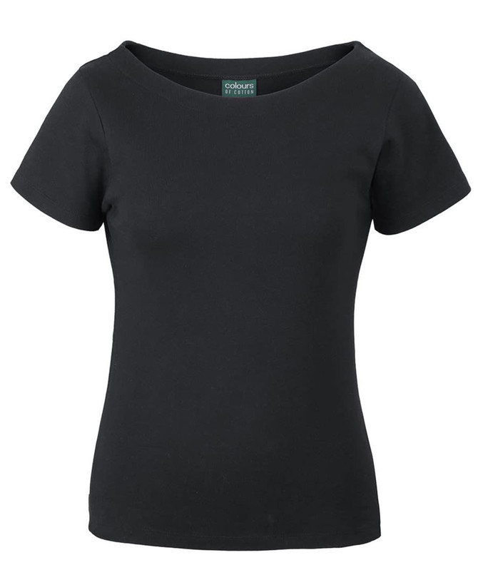 A black boat neck t-shirt made of soft fabric, featuring short sleeves and a fitted design. It has a logo tag.
