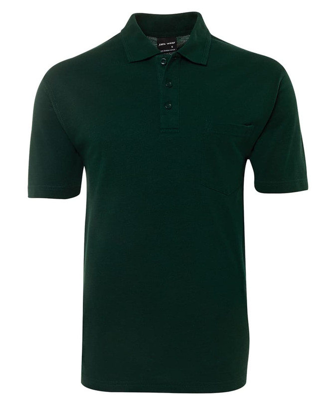 A dark green polo shirt with a collar, short sleeves, and a breast pocket. It has a logo on it.