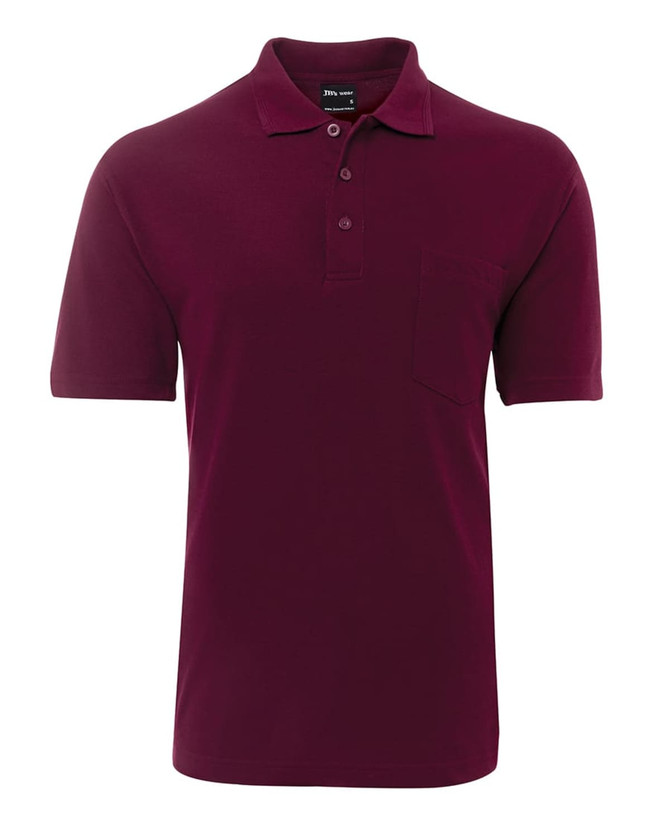 A burgundy polo shirt with a collar, a pocket, and a logo on the chest. 