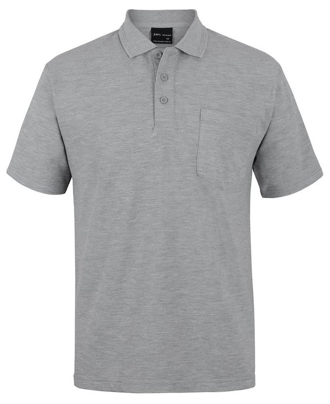 A light grey polo shirt with a collar, three buttons, and a front pocket, featuring a logo on the label.