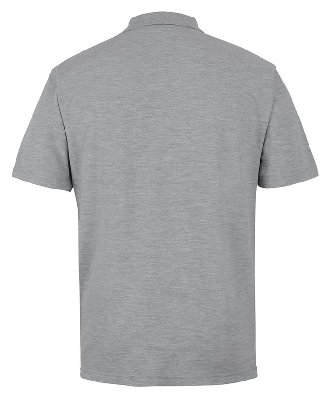 A grey polo shirt featuring a collar and short sleeves, with branding on the back.