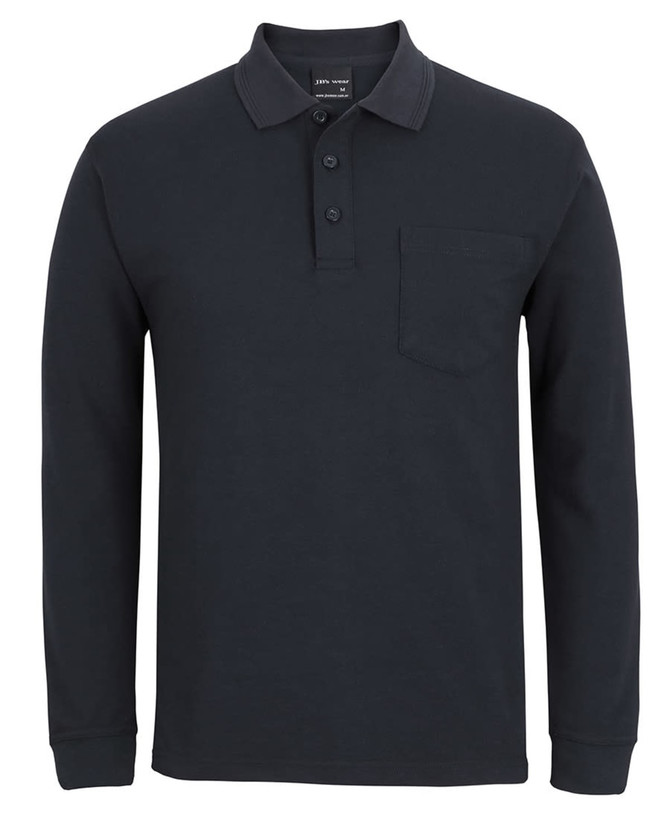 A long-sleeve black polo shirt featuring a collar, three buttons, and a pocket on the left side.