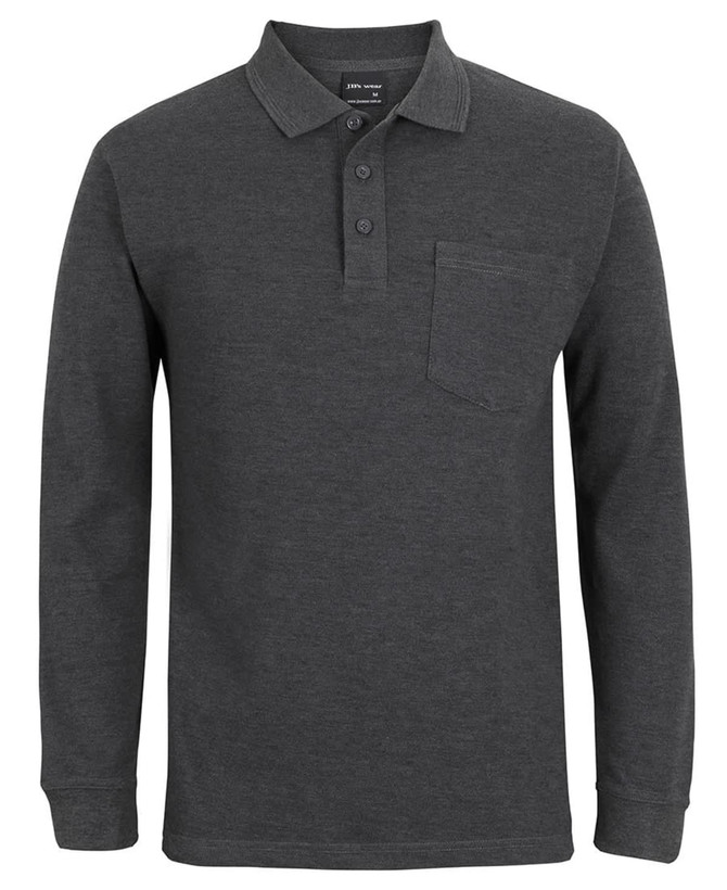 A long-sleeve polo shirt in charcoal grey with a pocket and a buttoned placket. Features branding on the chest.