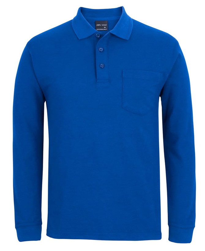A long-sleeve polo shirt in a vibrant blue colour, featuring a pocket and a buttoned collar.