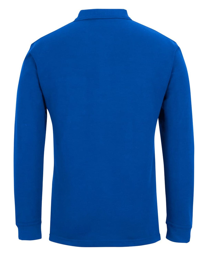 A blue long-sleeved polo shirt with a collar and a pocket, featuring a logo.
