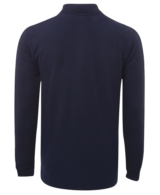 A navy long-sleeve polo shirt with a collar and button placket, featuring a logo on the front.