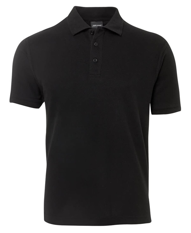 A black polo shirt with a collared neck, featuring three buttons and short sleeves. It has a logo.