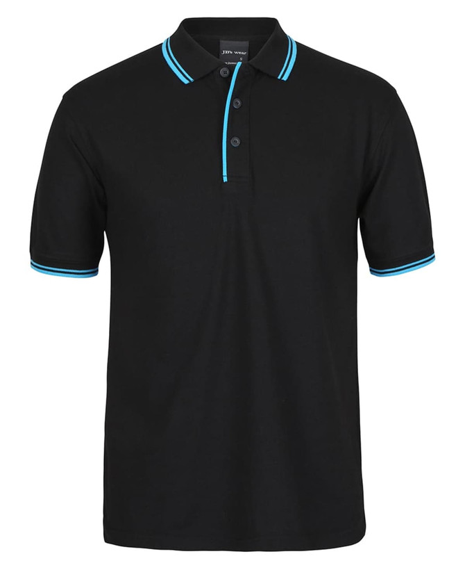 A black polo shirt featuring contrasting turquoise collar and sleeve detailing, with a logo.