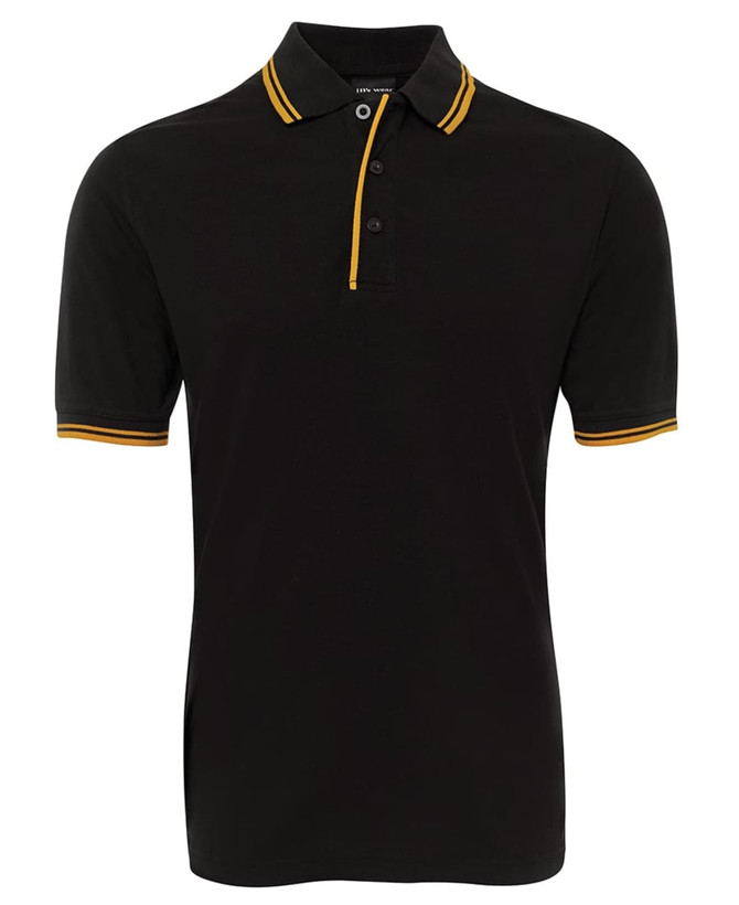 A black polo shirt featuring yellow contrasting stripes on the collar and sleeves. It has a logo on the chest.