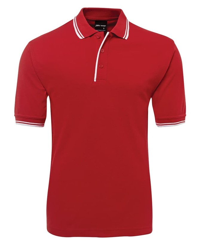 A red polo shirt with short sleeves, featuring contrasting white detailing and a logo on the label.