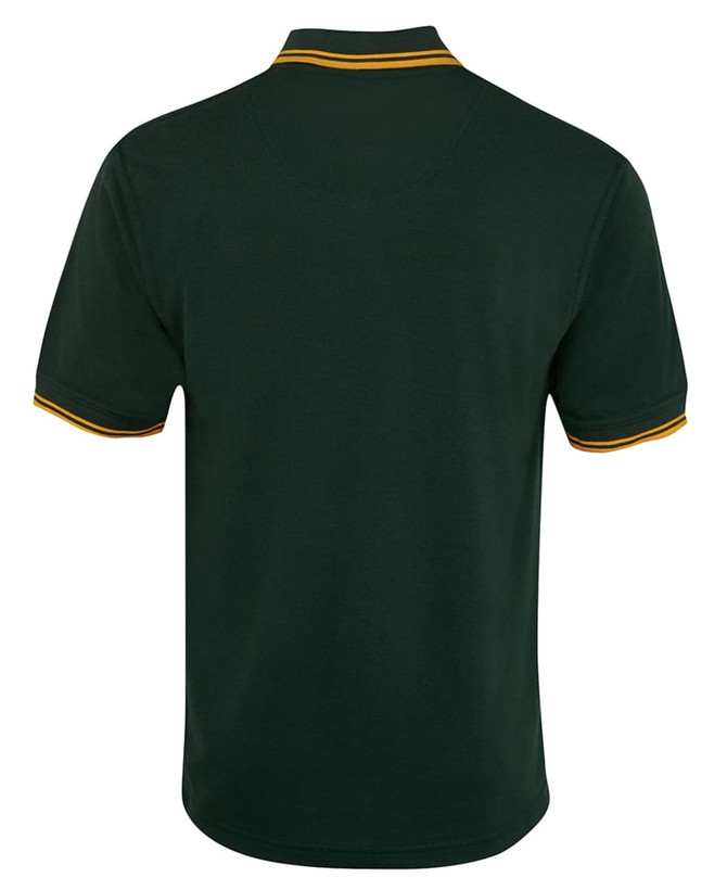A dark green polo shirt featuring contrasting yellow trim on the collar and sleeves, with a branding logo.