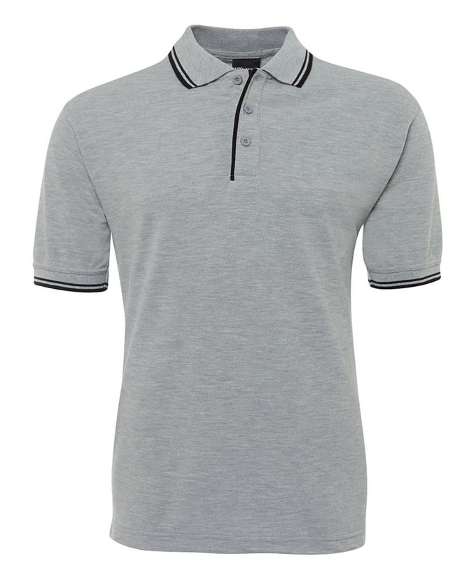 A grey polo shirt with contrasting black stripes on the collar and sleeves. It features a three-button placket and a logo.