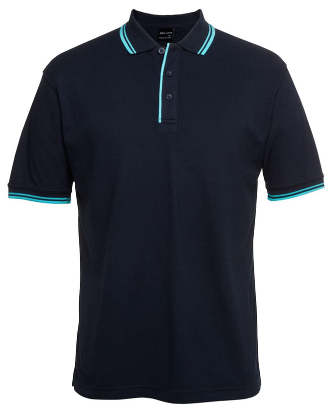A navy polo shirt with contrasting teal accents on the collar and sleeves. It features a logo on the chest.