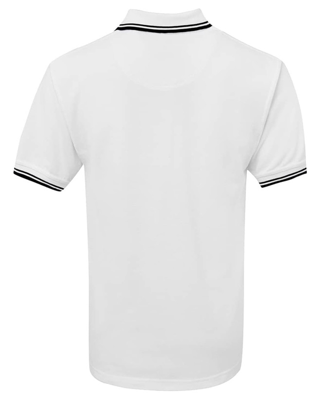 A white polo shirt with black contrast stripes on the collar and sleeves. It has a logo on the front.