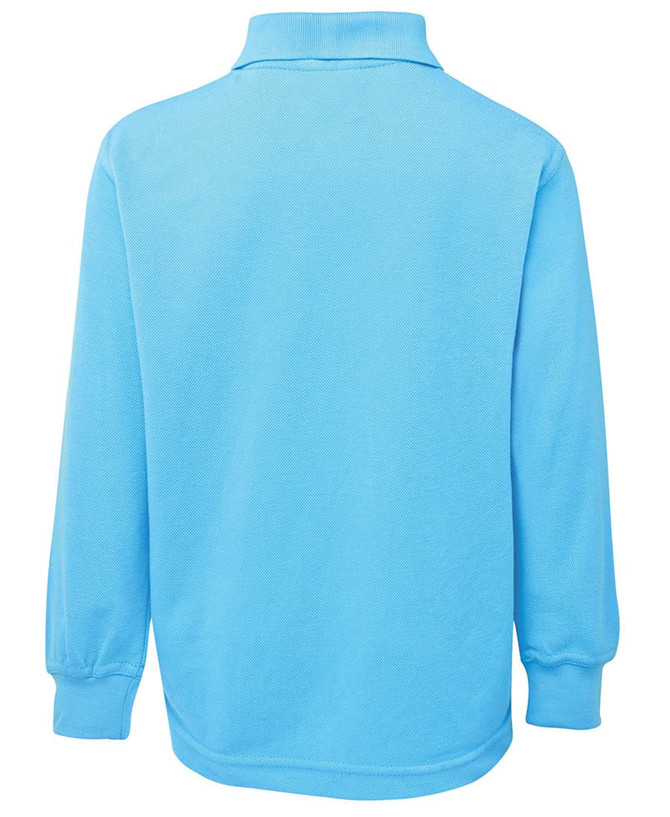 A light blue long-sleeved polo shirt with a collar and cuffs. Features a logo on the front.