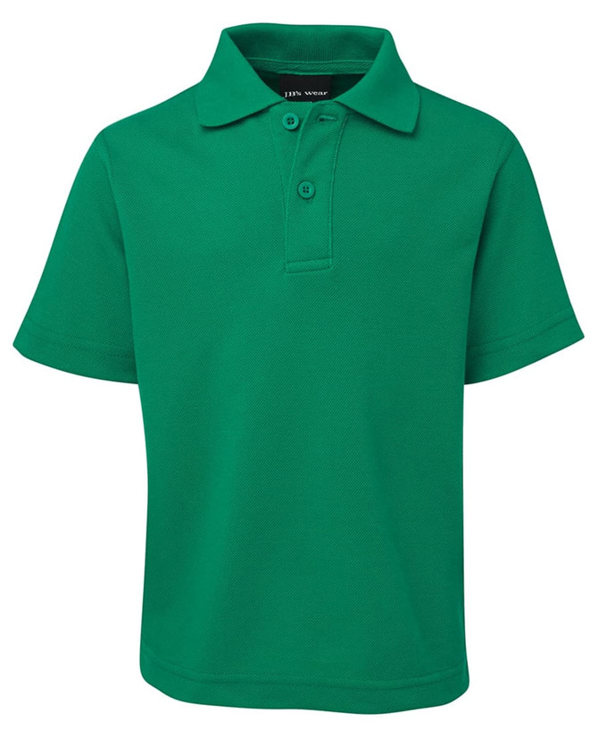 A green short-sleeved polo shirt with a collar and a logo on the chest.