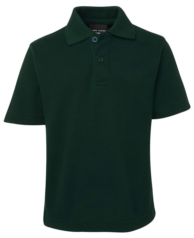 A dark green short-sleeve polo shirt with a collar and three-button placket, featuring a branding logo.
