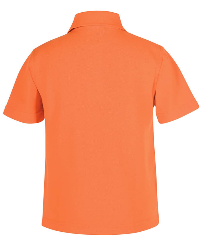 A short-sleeved polo shirt in bright orange, featuring a classic collar and a logo on the back.