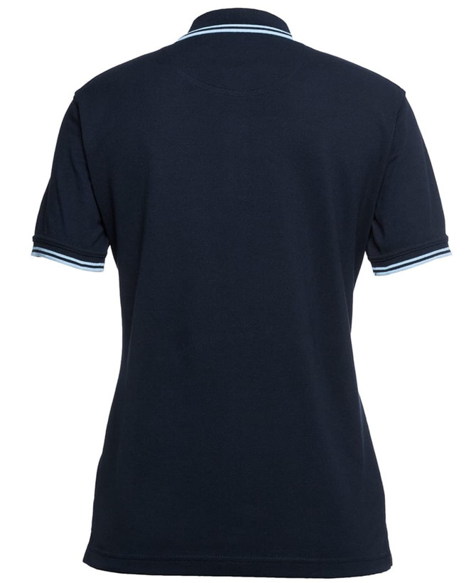 A navy blue ladies' polo shirt with contrast stripes on the collar and sleeves. It features a logo on the front.