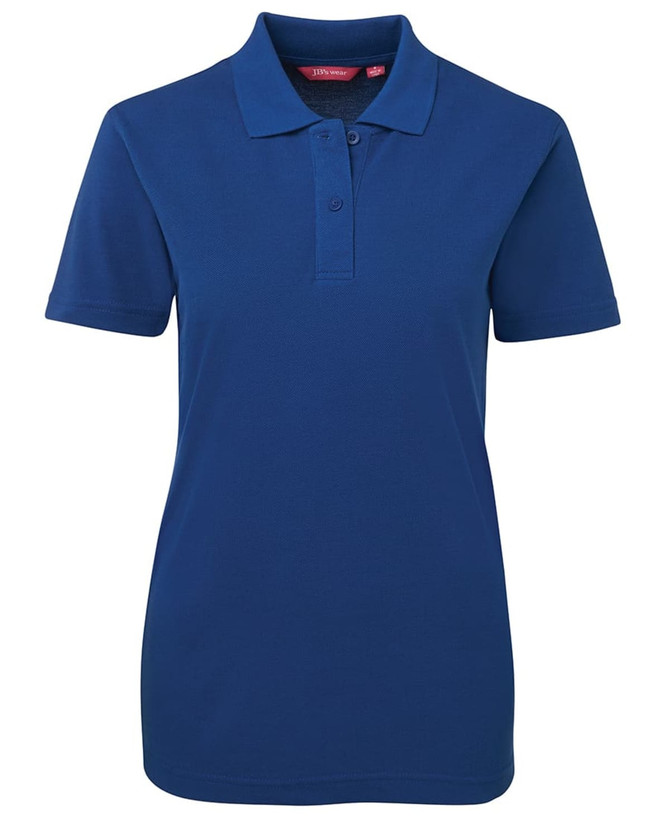 A short-sleeve polo shirt in a deep blue colour with a collar and three-button placket, featuring a small logo.
