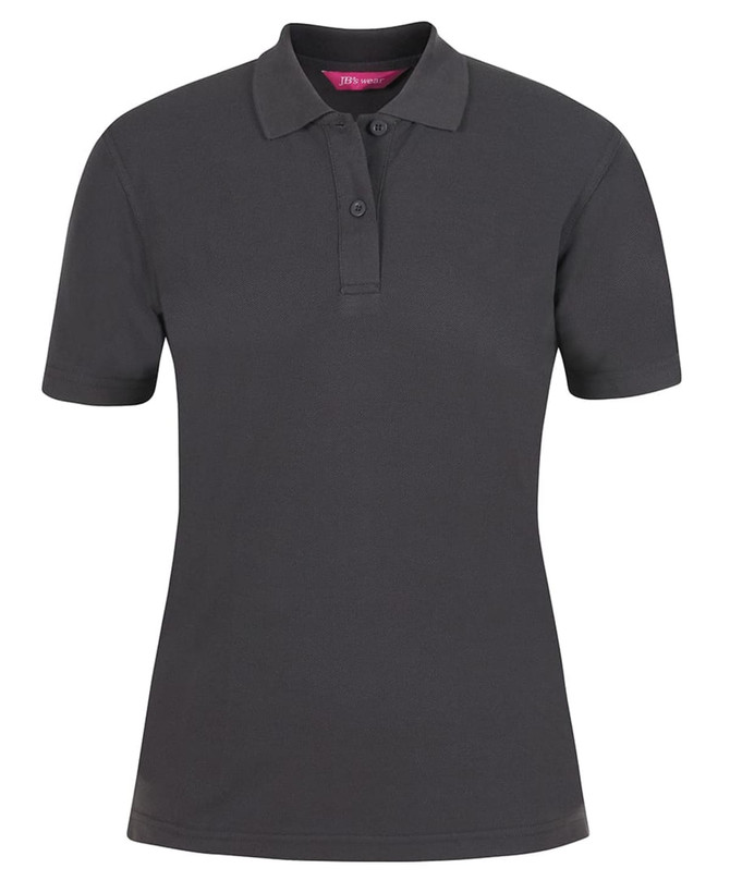 A dark grey ladies' polo shirt featuring a collar, short sleeves, and a logo.
