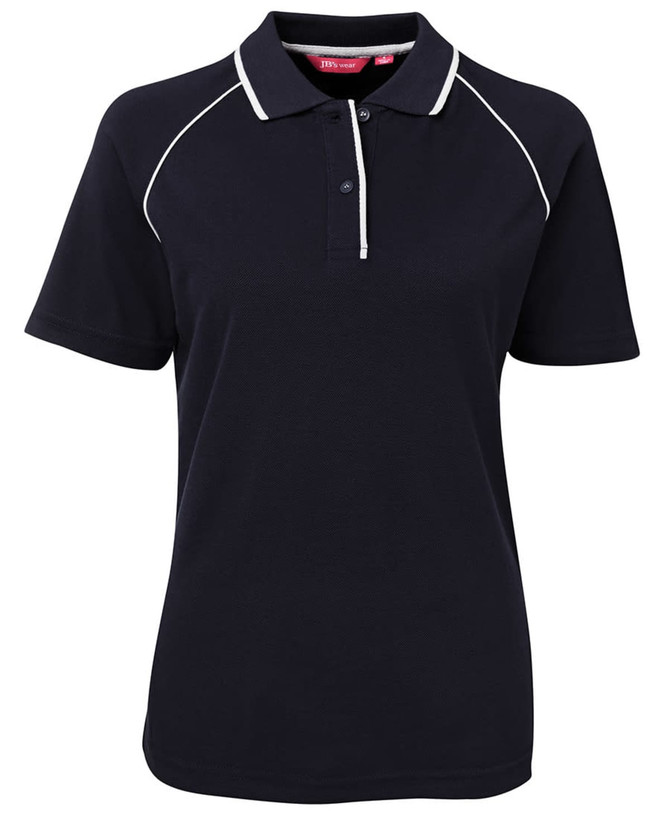 A navy and white ladies' polo shirt featuring a collar, buttons, and a logo.