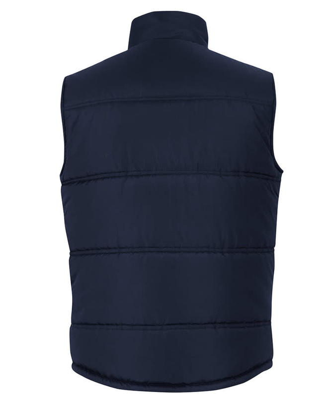 A navy puffer vest with a high collar and stitched panel detailing. Features a simple design and a logo.