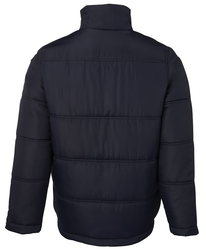A black puffer jacket featuring a zippered front and a high collar, with a branding logo on the back.