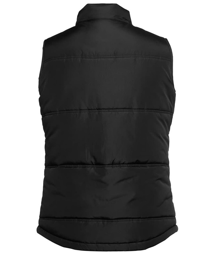 A black puffer vest with a high collar and lined design, featuring a logo on the back.