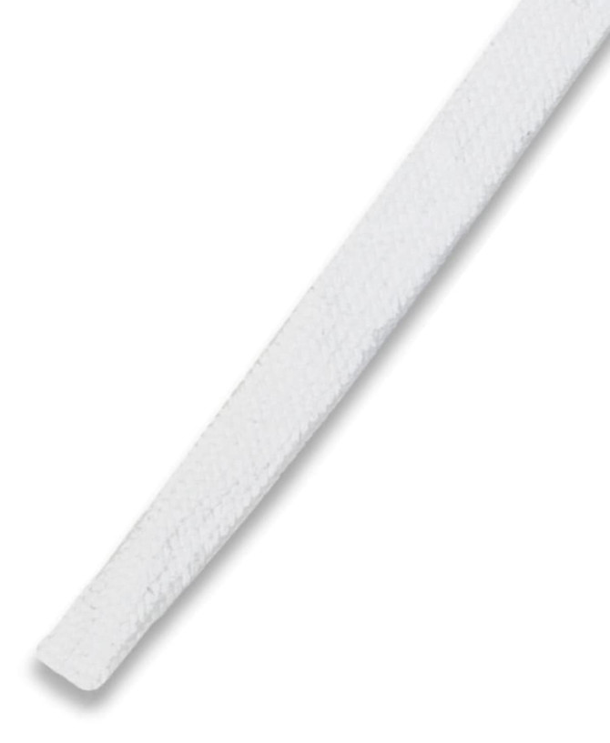 A white drawcord with a tapered end, designed for threading through clothing accessories.