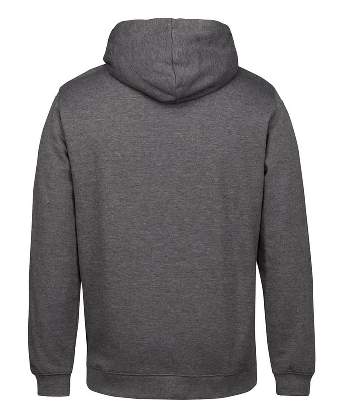 A grey hoodie with a hood, featuring a simple design and a back view, showcasing its fabric and form.