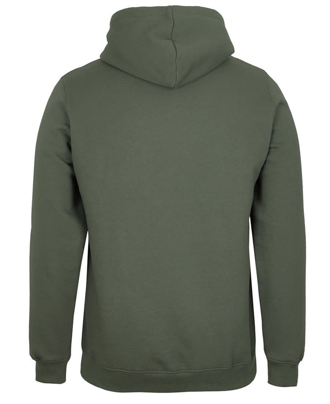 A green hoodie with a kangaroo pocket and a hood, featuring a logo on the back.