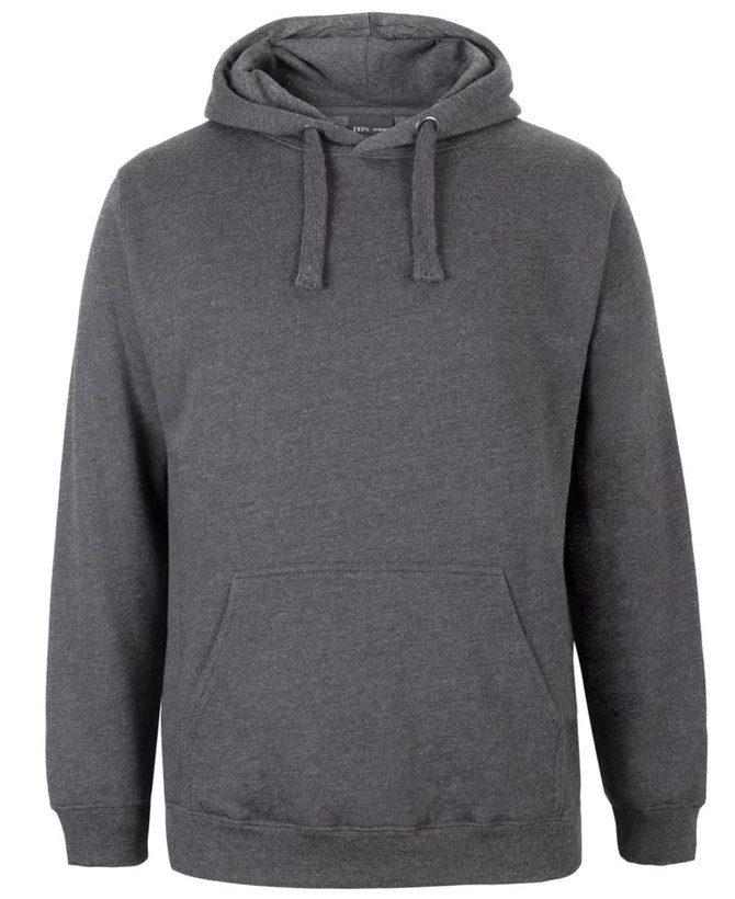 A grey hoodie featuring a front pocket and a drawstring hood, with a small branding label.