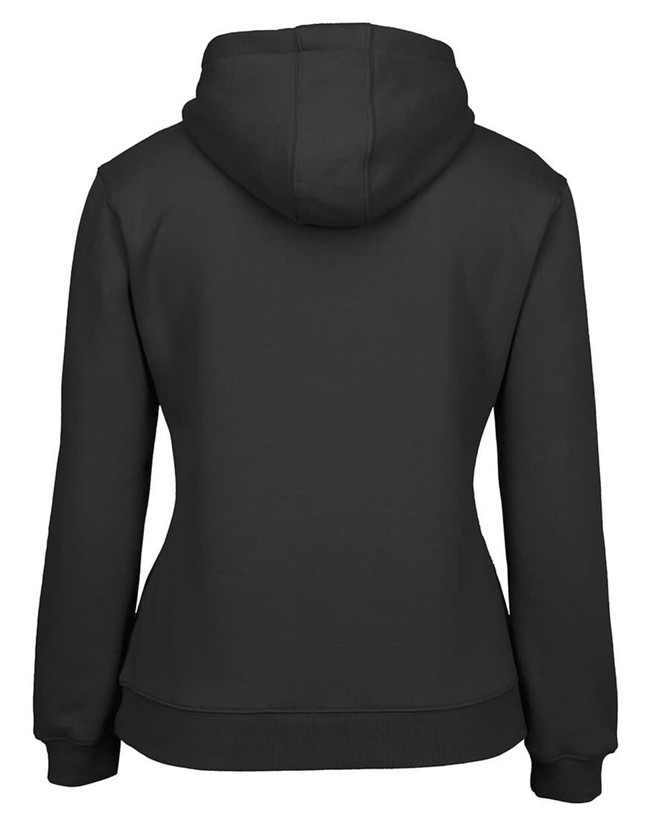 A black hoodie with a kangaroo pocket and a drawstring hood, featuring a plain design and a hidden logo.