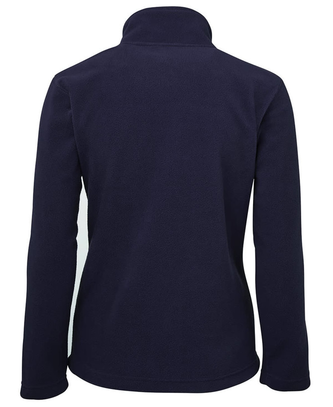 A navy blue polar fleece jacket with a full zip and high collar, featuring a branding logo.