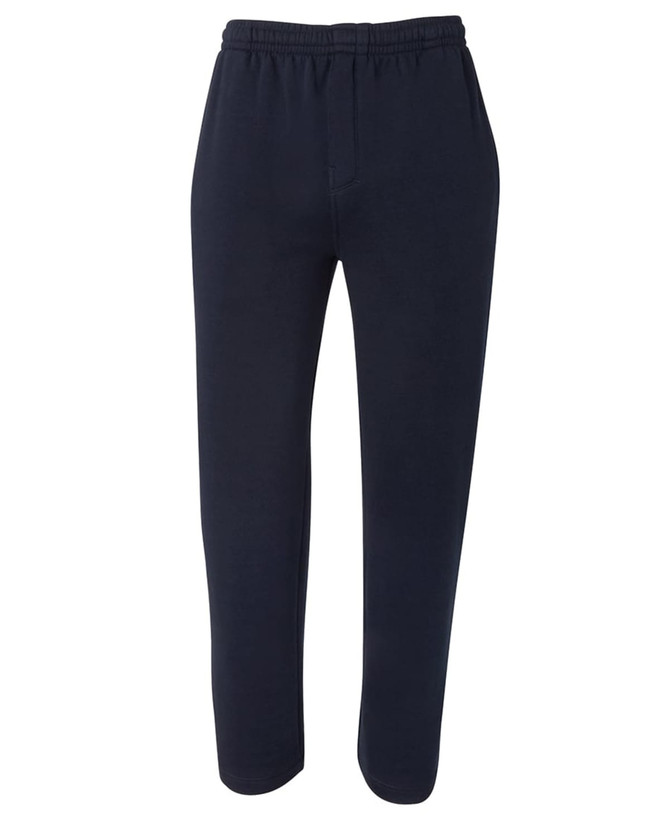 Navy fleece track pants with an elasticised waistband and a branded logo. Suitable for casual wear.