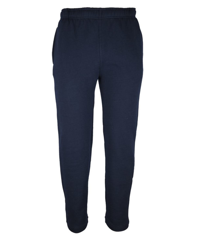 Navy blue fleece track pants with an elastic waistband and side pockets, featuring a logo.