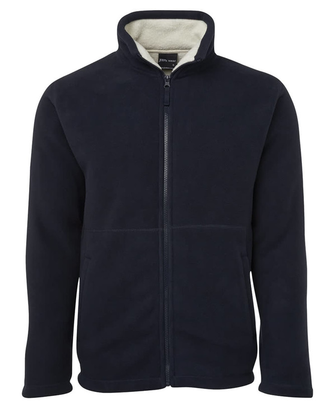 A navy fleece jacket with a high collar and zip closure, featuring a soft interior and a branding logo.